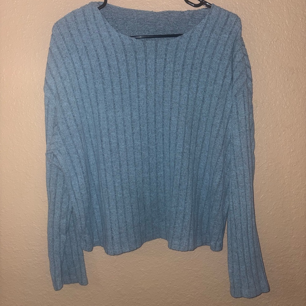 Blue Ribbed Knit Sweater and Ankle Length Pants
